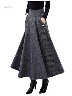 High Waisted Wool Plaid A-Line Flared Maxi Skirt Ankle Length